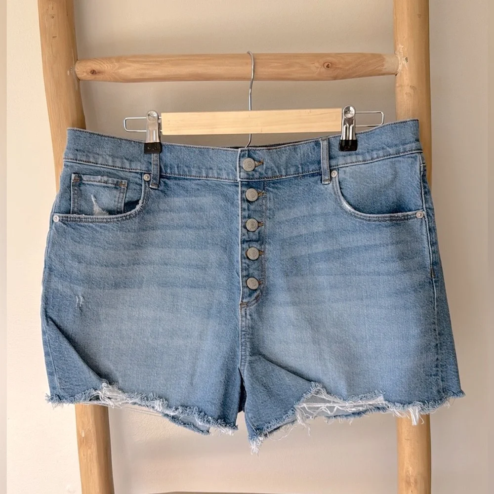 LOFT Button Front High Rise Destructed Cut Off Blue Denim Jean Shorts 32/14